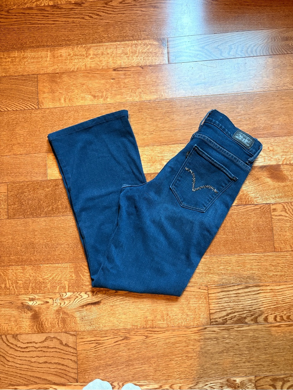 Dark Blue Women's Flare Jeans - Embellished Back Pocket
